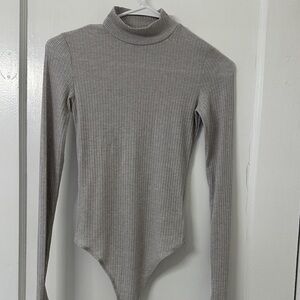 Gray Ribbed Turtleneck Bodysuit